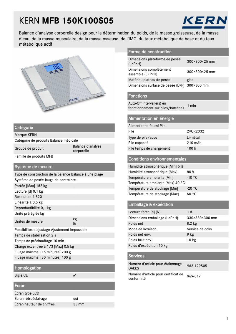 Page 1 of the manual Technical Sheet Kern MGE 100K-1S05