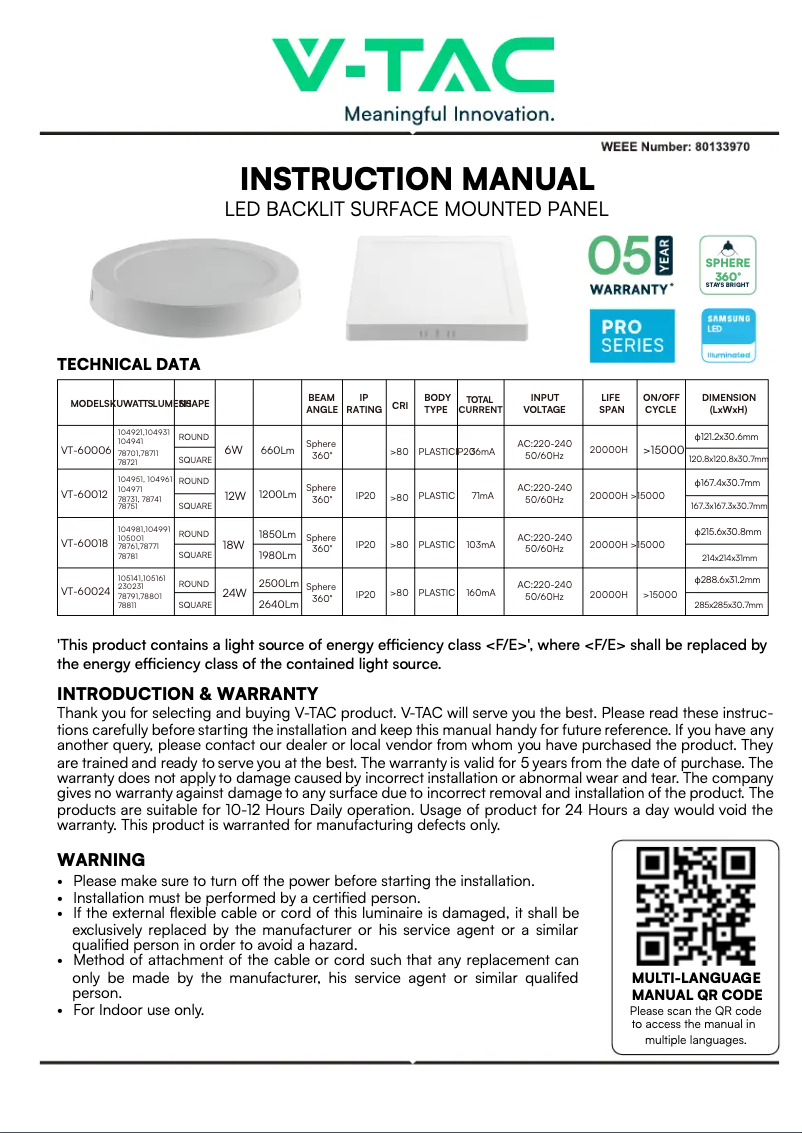 Page 1 of the manual User Manual V-TAC VT-60012