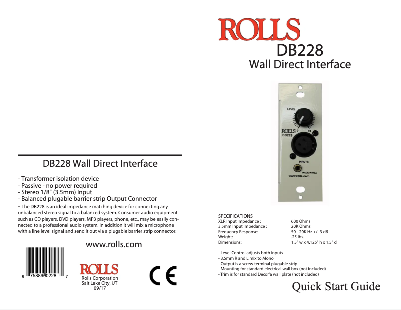 Page 1 of the manual Quick Start Guide Rolls DB228