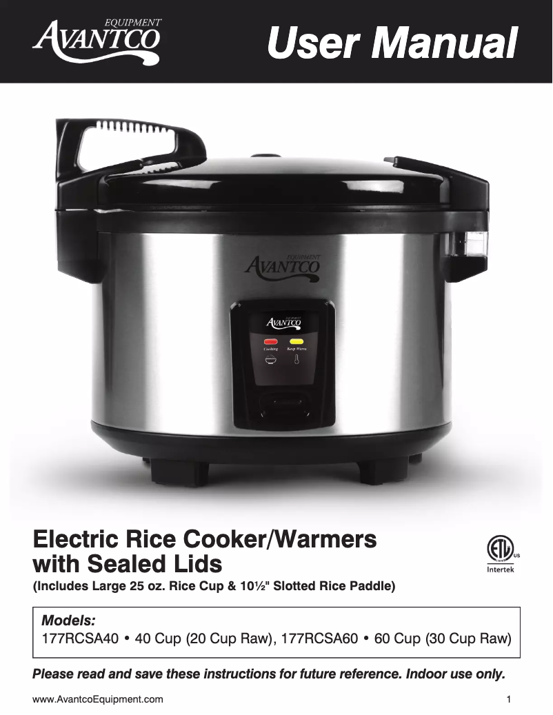 Page 1 of the manual User Manual Avantco RCSA40