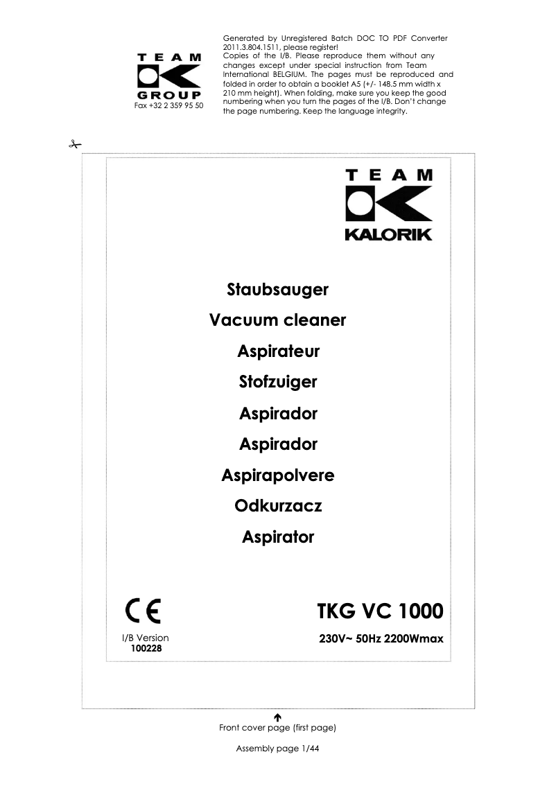 First page image of the manual for TKG VC 1000