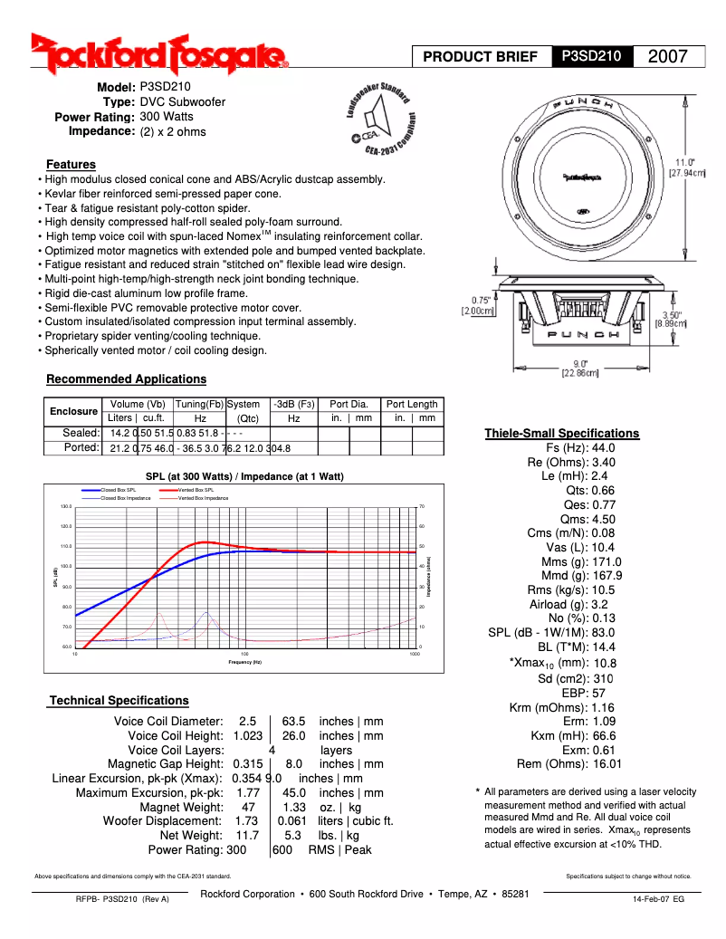 Page 1 de la notice Fiche technique Rockford Fosgate Punch P3SD4-10