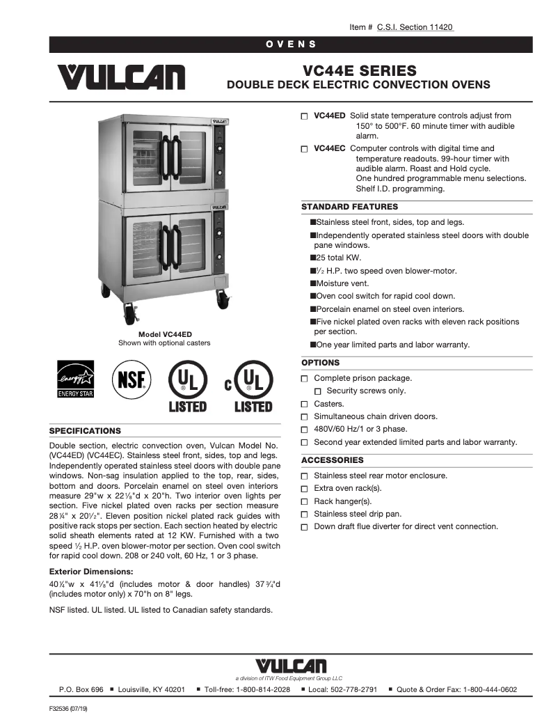 Page 1 of the manual Technical Sheet Vulcan VC44ED