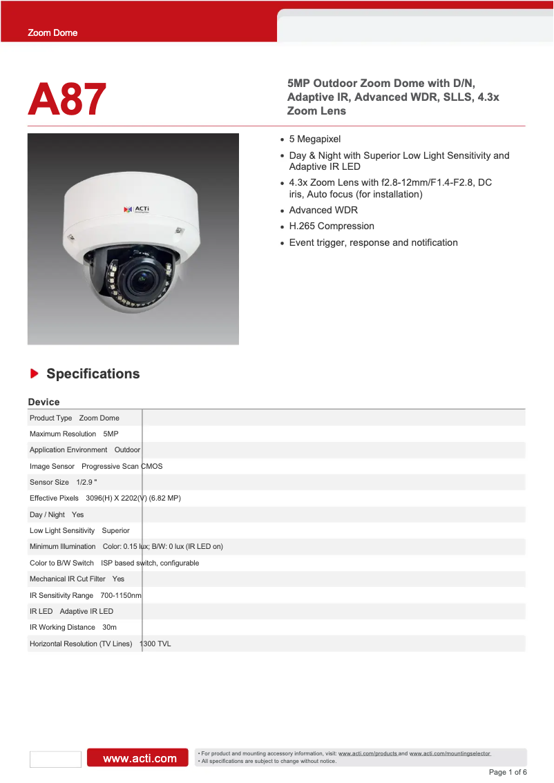 Page 1 of the manual Technical Sheet ACTi A87