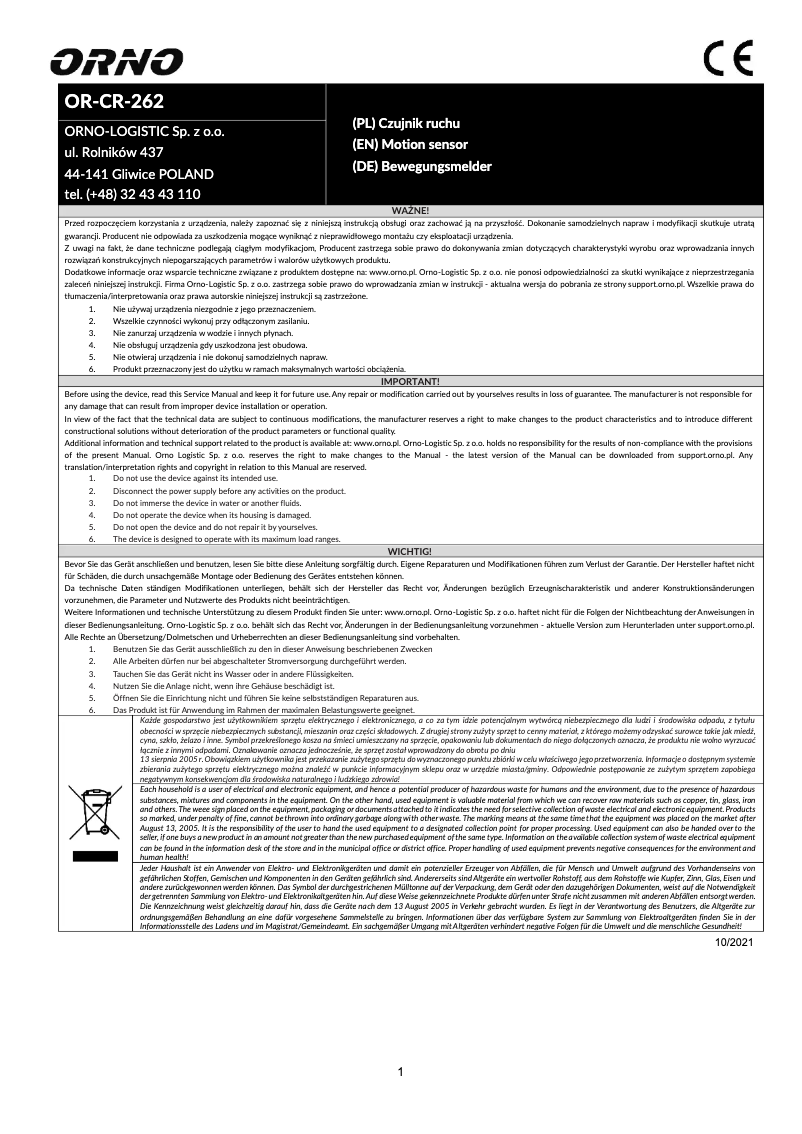 Image de la première page du manuel de l'appareil OR-CR-262