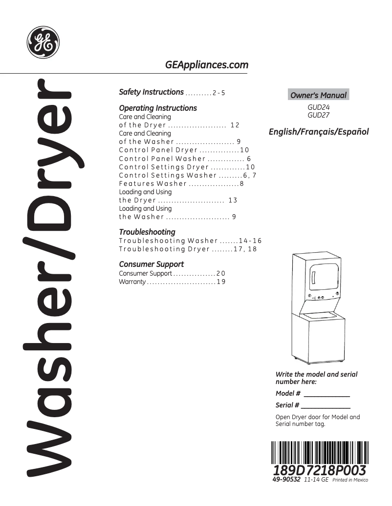 Page 1 of the manual User Manual GE Spacemaker GUD24GSSJWW