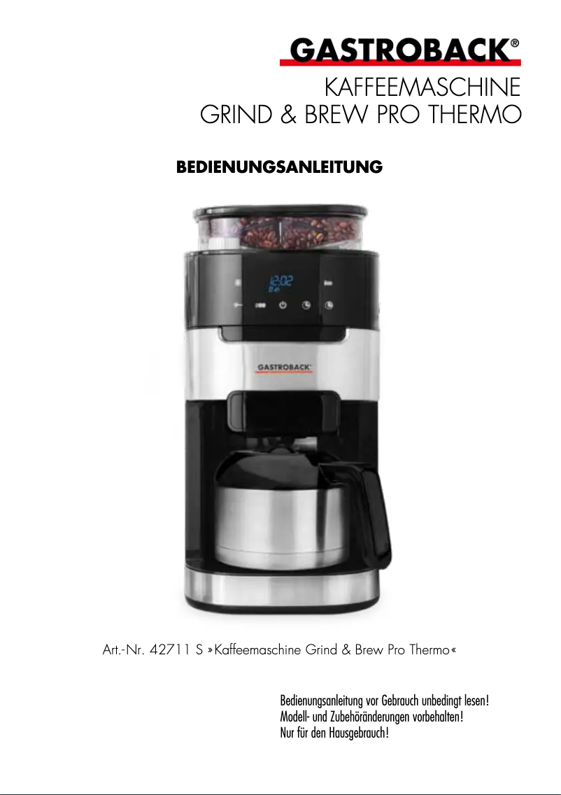 First page image of the manual for Grind & Brew Pro Thermo 42711 S