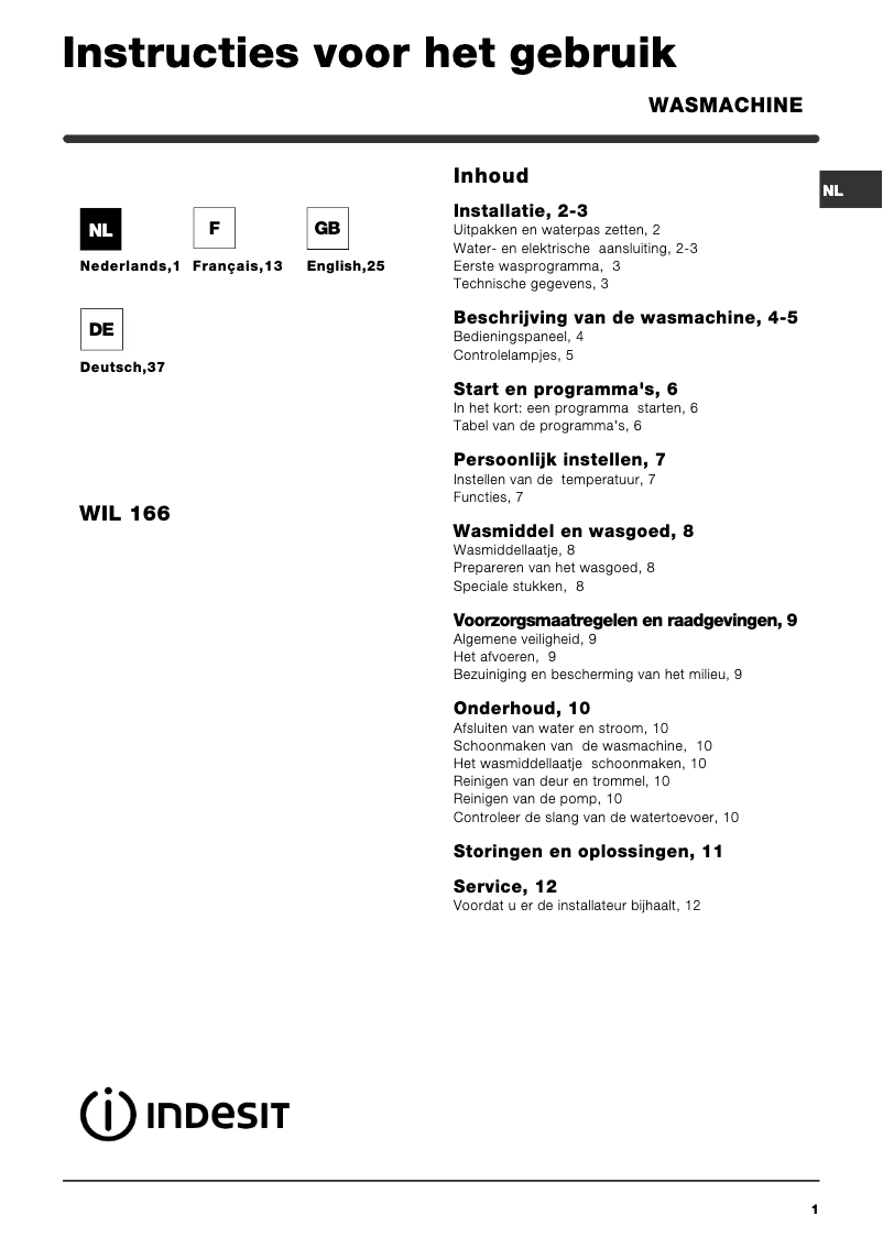 First page image of the manual for WIL 166