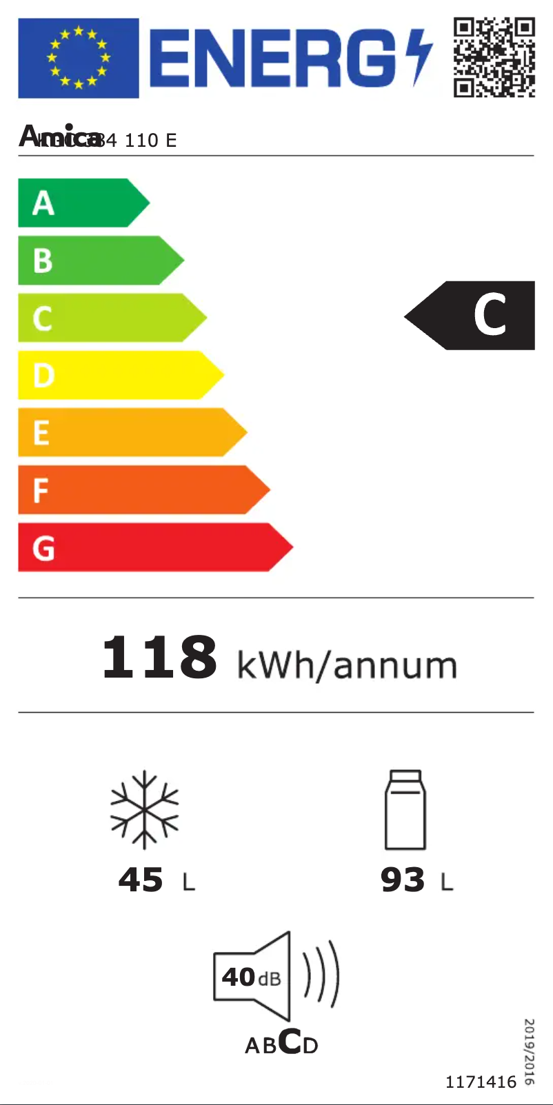 Page 1 of the manual Energy Label Amica KGC 384 110 E