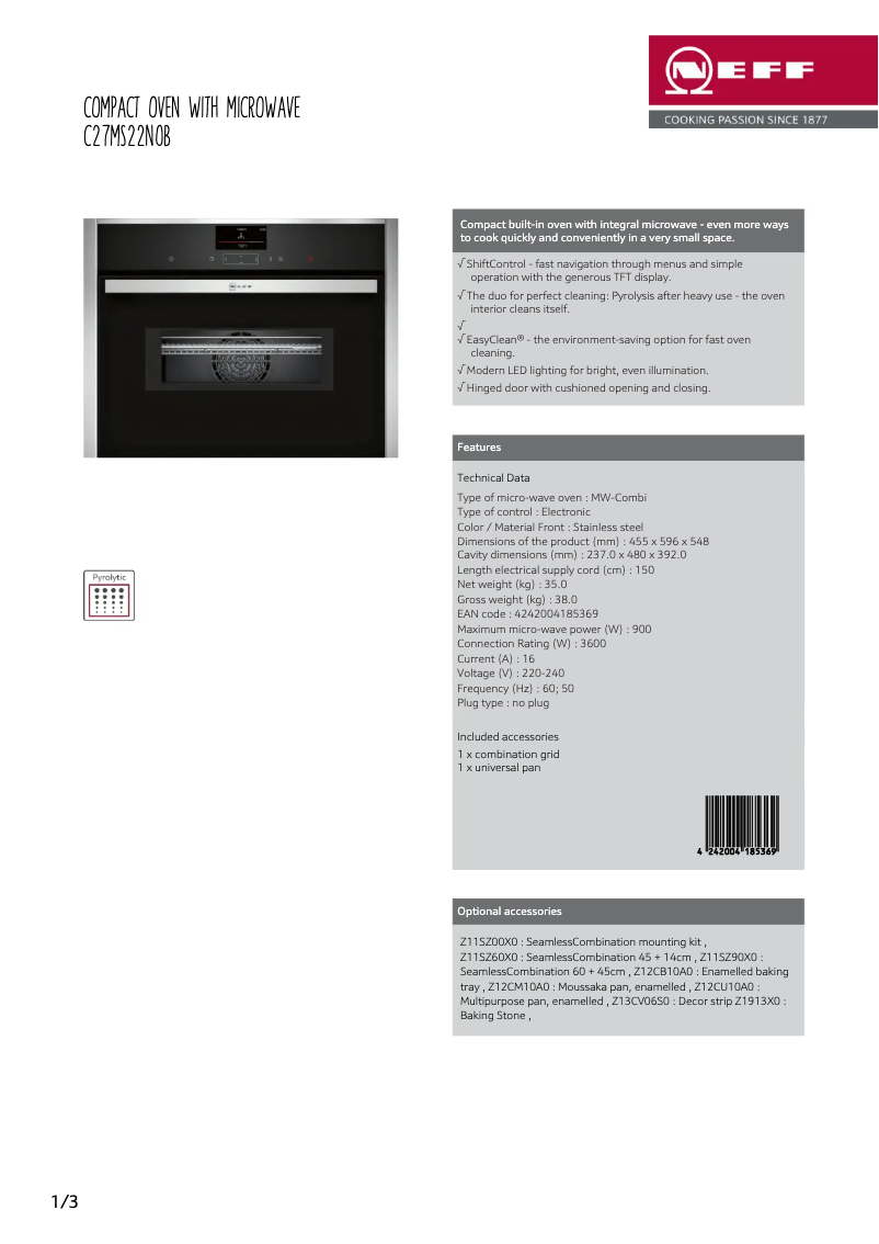 Page 1 of the manual Technical Sheet Neff C27MS22N0B