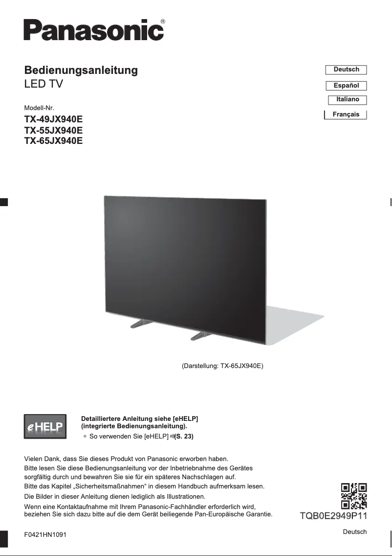Page 1 of the manual Quick Start Guide Panasonic TX-55JX940E