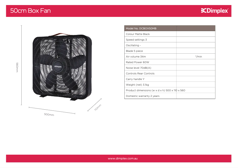 Page 1 of the manual Technical Sheet Dimplex DCBOX50MB