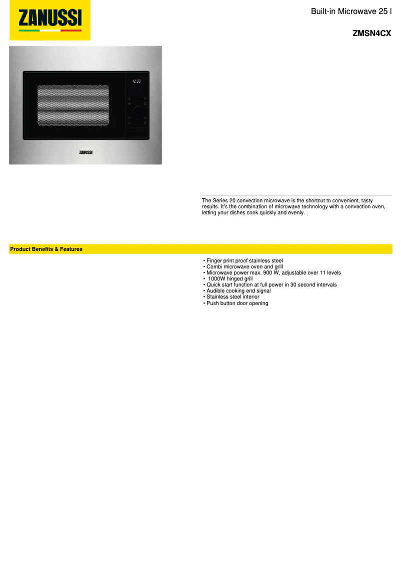 Page 1 of the manual Technical Sheet Zanussi ZMSN4CX