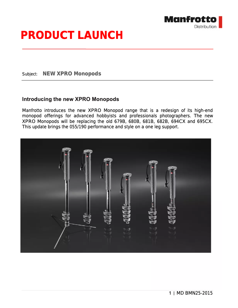Page 1 of the manual Technical Sheet Manfrotto XPRO