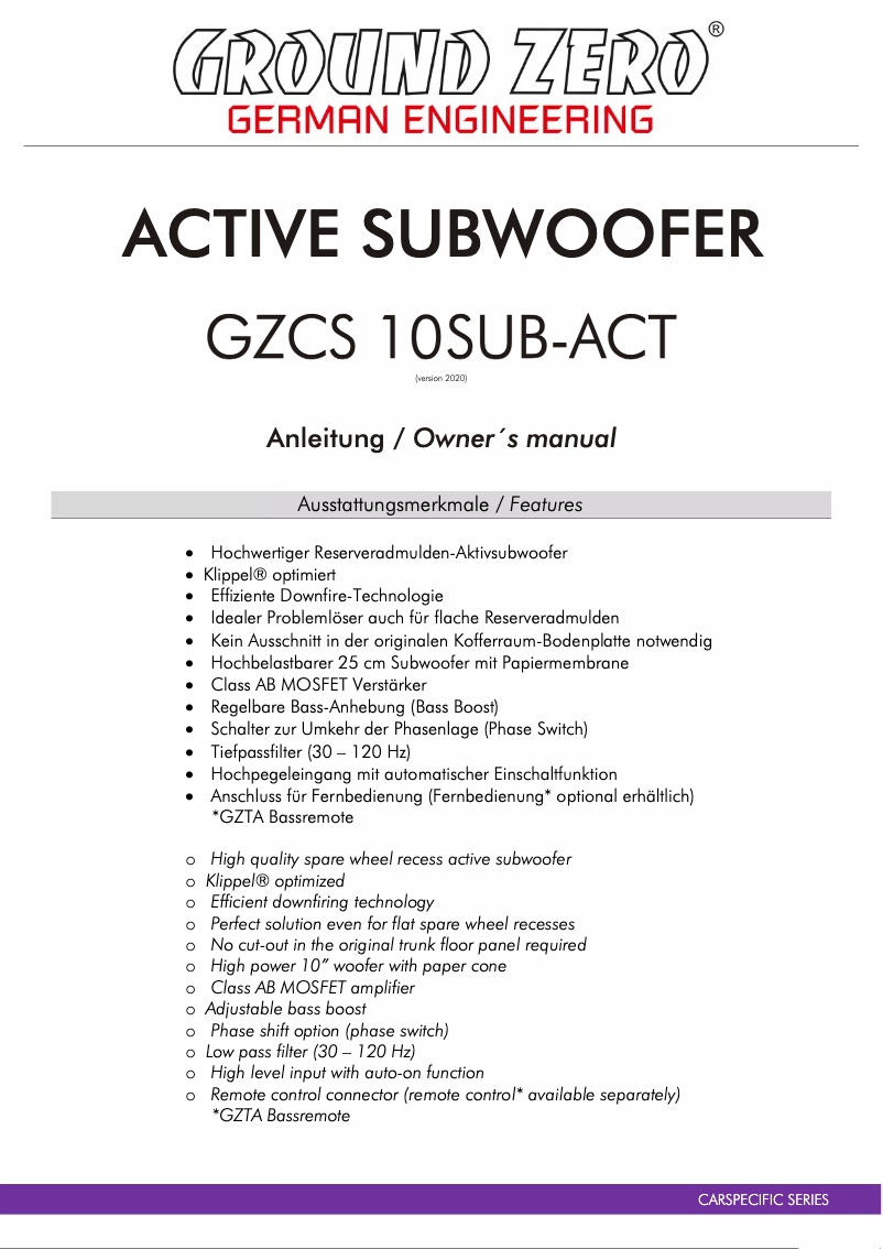 First page image of the manual for GZCS 10SUB-ACT