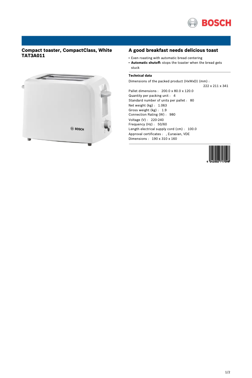 Page 1 of the manual Technical Sheet Bosch TAT3A011