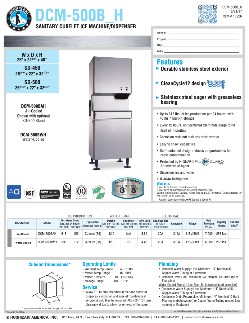 Page 1 of the manual Technical Sheet Hoshizaki DCM-500BWH