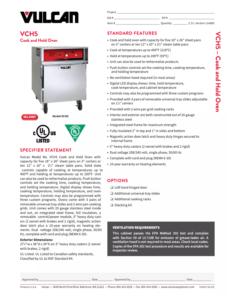 Page 1 of the manual Technical Sheet Vulcan VCH5
