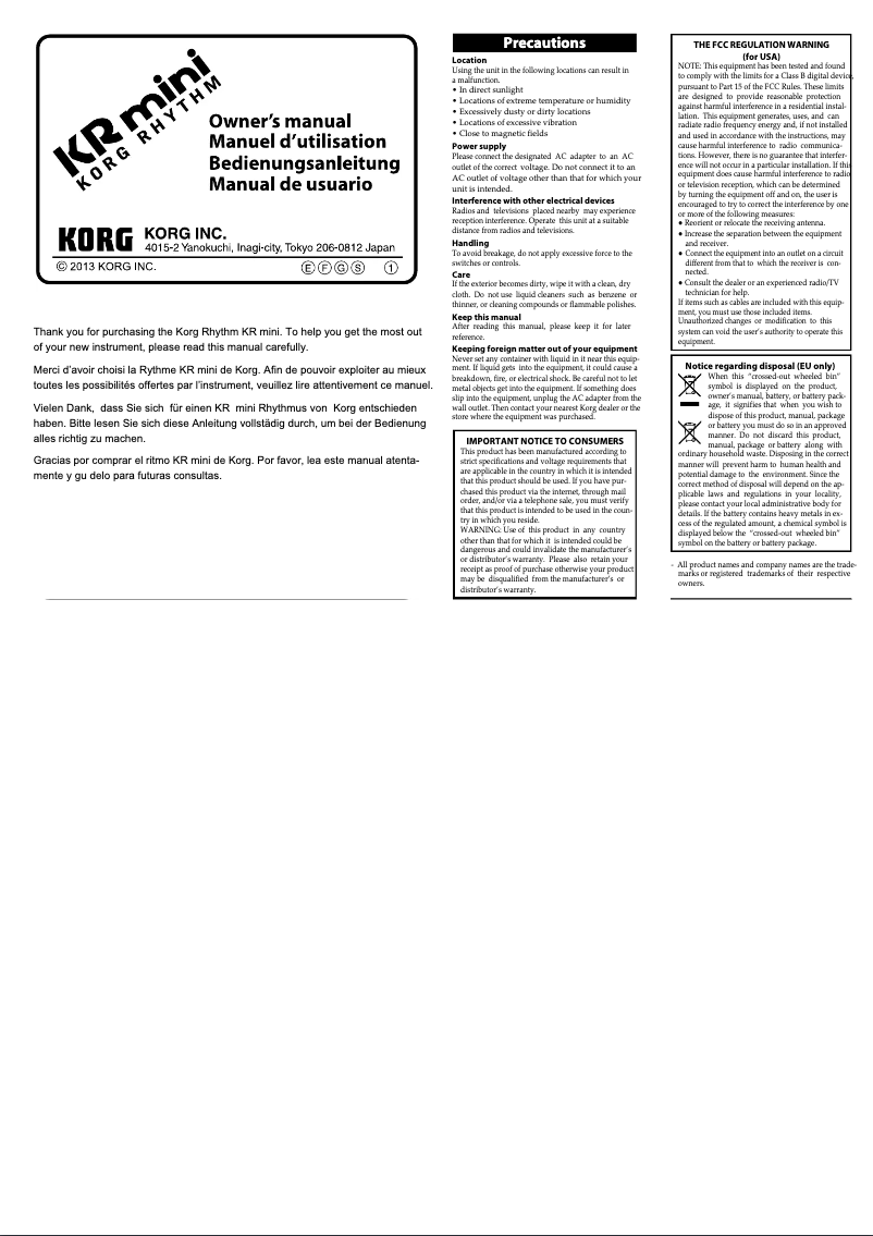 Page 1 of the manual User Manual Korg KR mini