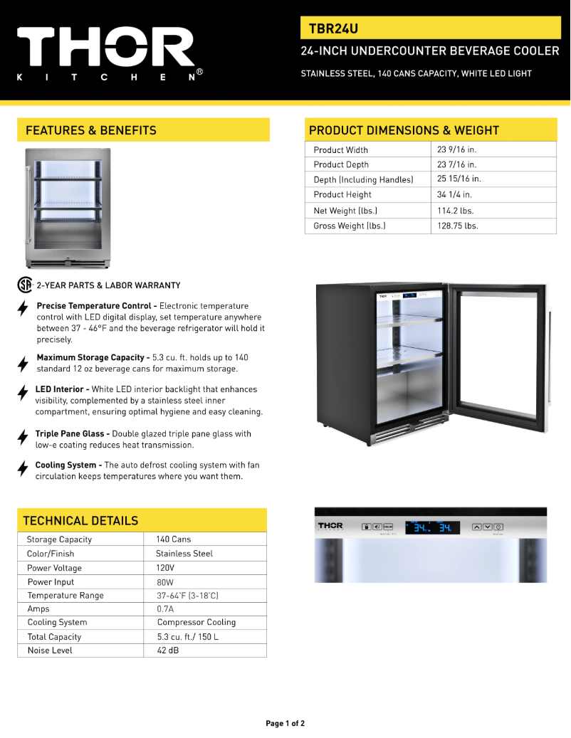 Page 1 of the manual Technical Sheet Thor TBR24U