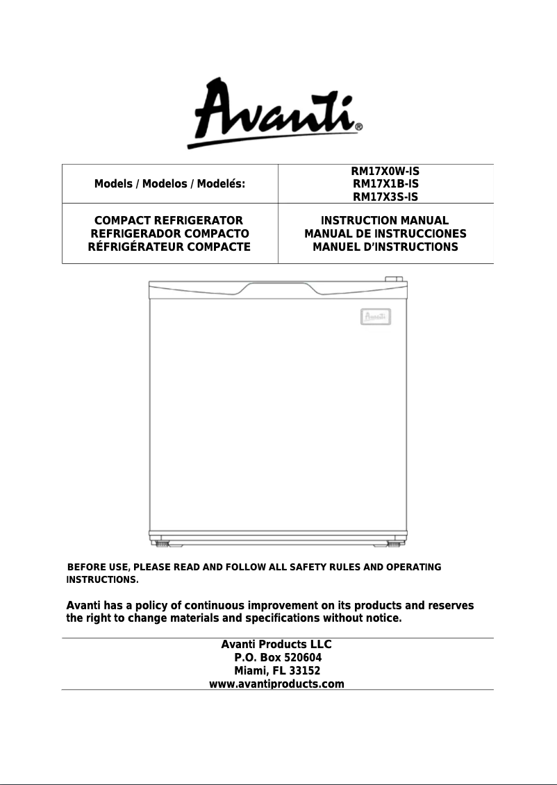 Page 1 of the manual User Manual Avanti RM17X0W-IS
