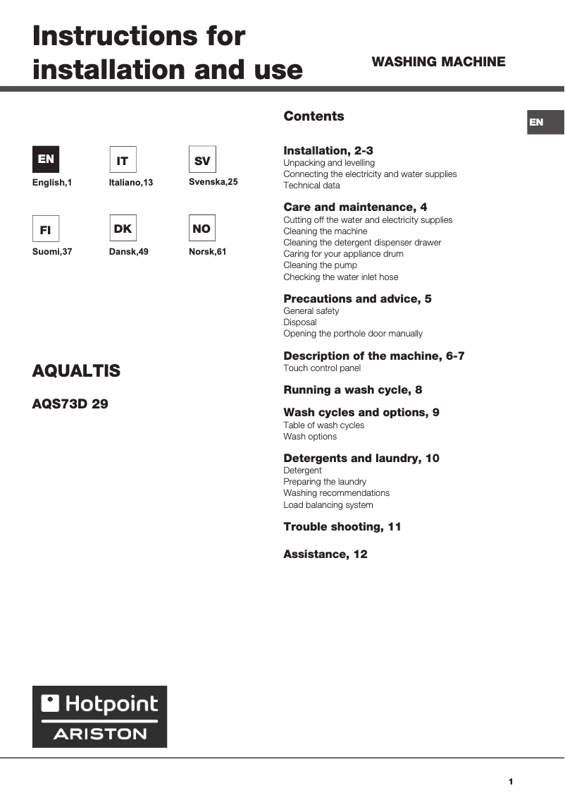 First page image of the manual for AQS73D 29 EU/A