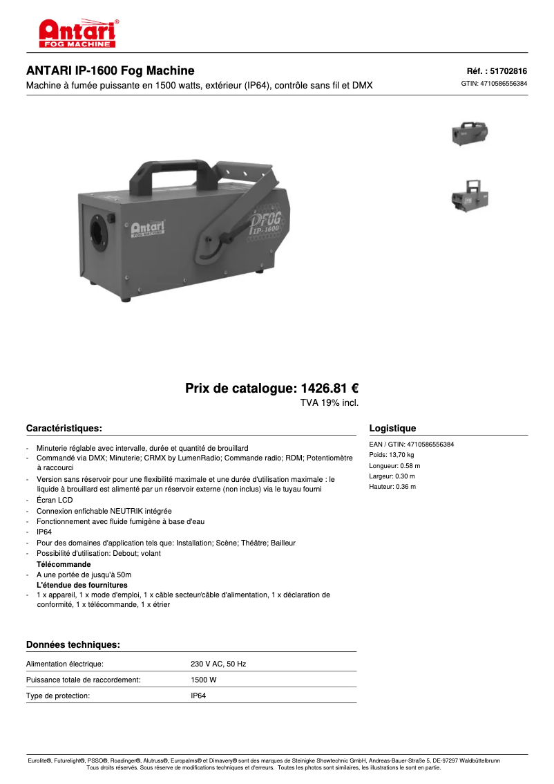 Page 1 of the manual Technical Sheet Antari IP-1600