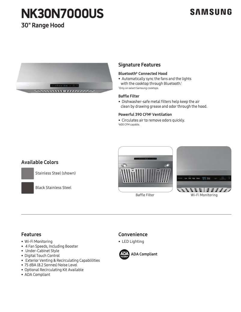 Page 1 of the manual Technical Sheet Samsung NK30N7000UG