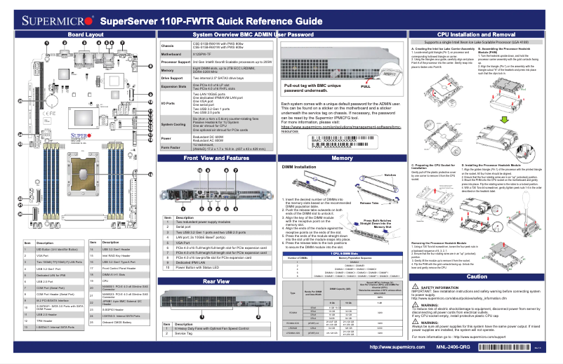 First page image of the manual for SuperServer SYS-110P-FWTR