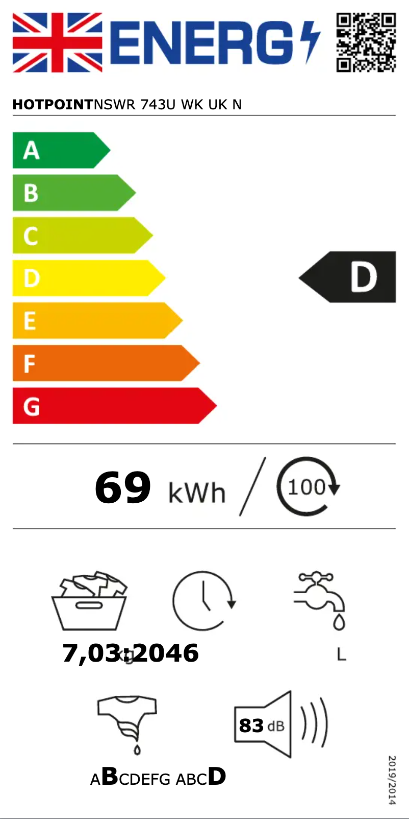 Page 1 of the manual Energy Label Hotpoint NSWR 743U WK UK N