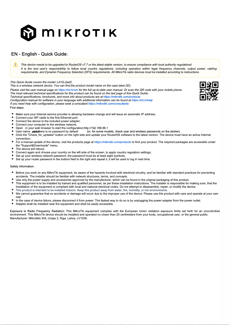 First page image of the manual for hAP ax lite