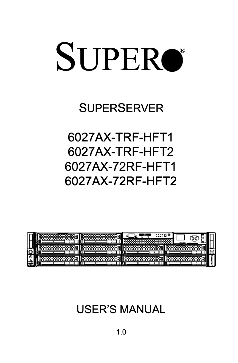 First page image of the manual for SuperServer 6027AX-TRF-HFT1