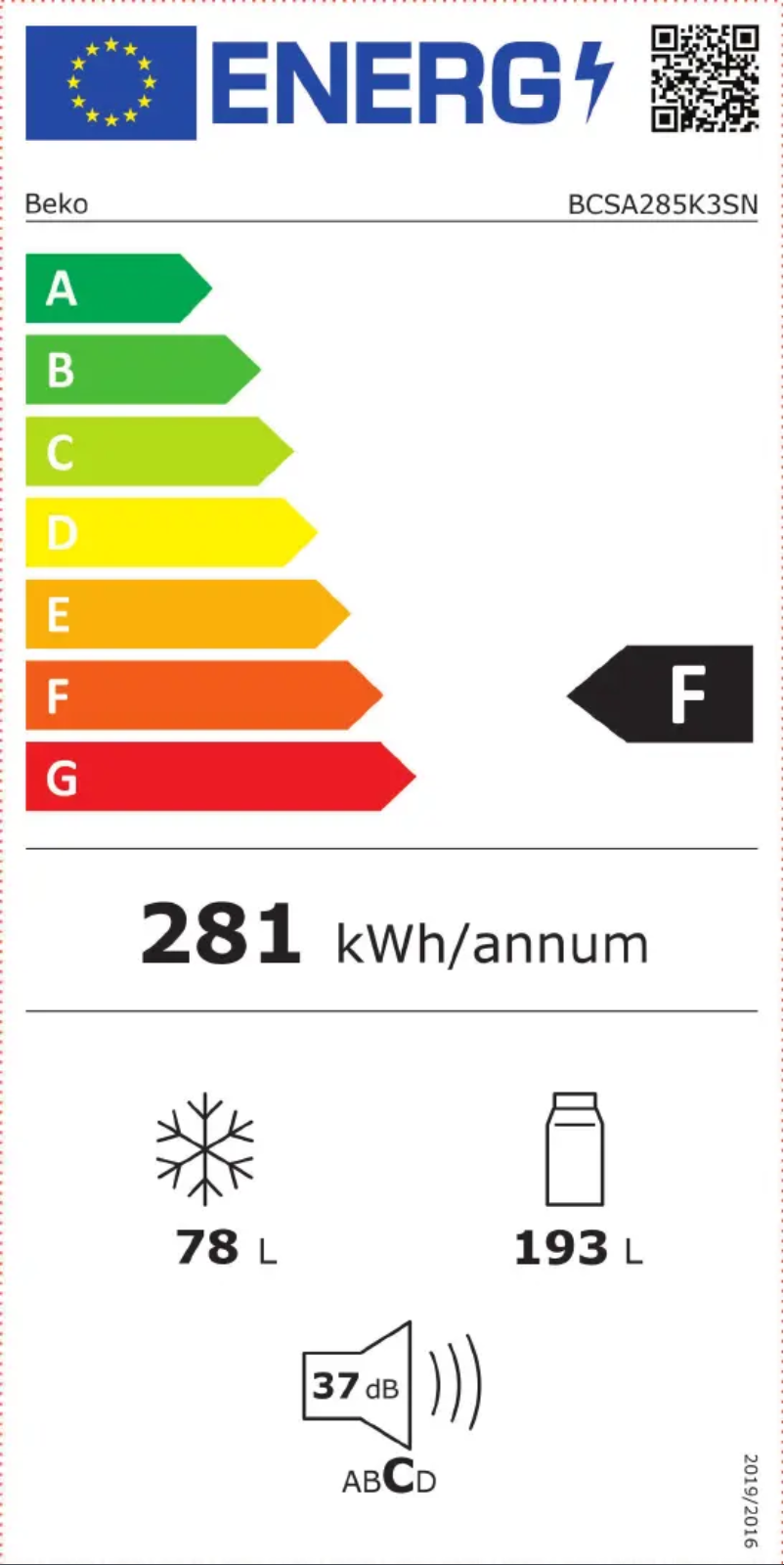 Page 1 of the manual Energy Label Beko BCSA285K3SN