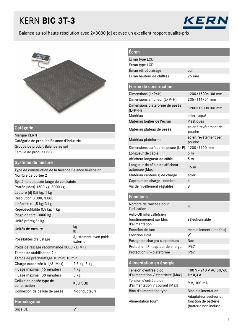 Page 1 of the manual Technical Sheet Kern BIC 3T-3