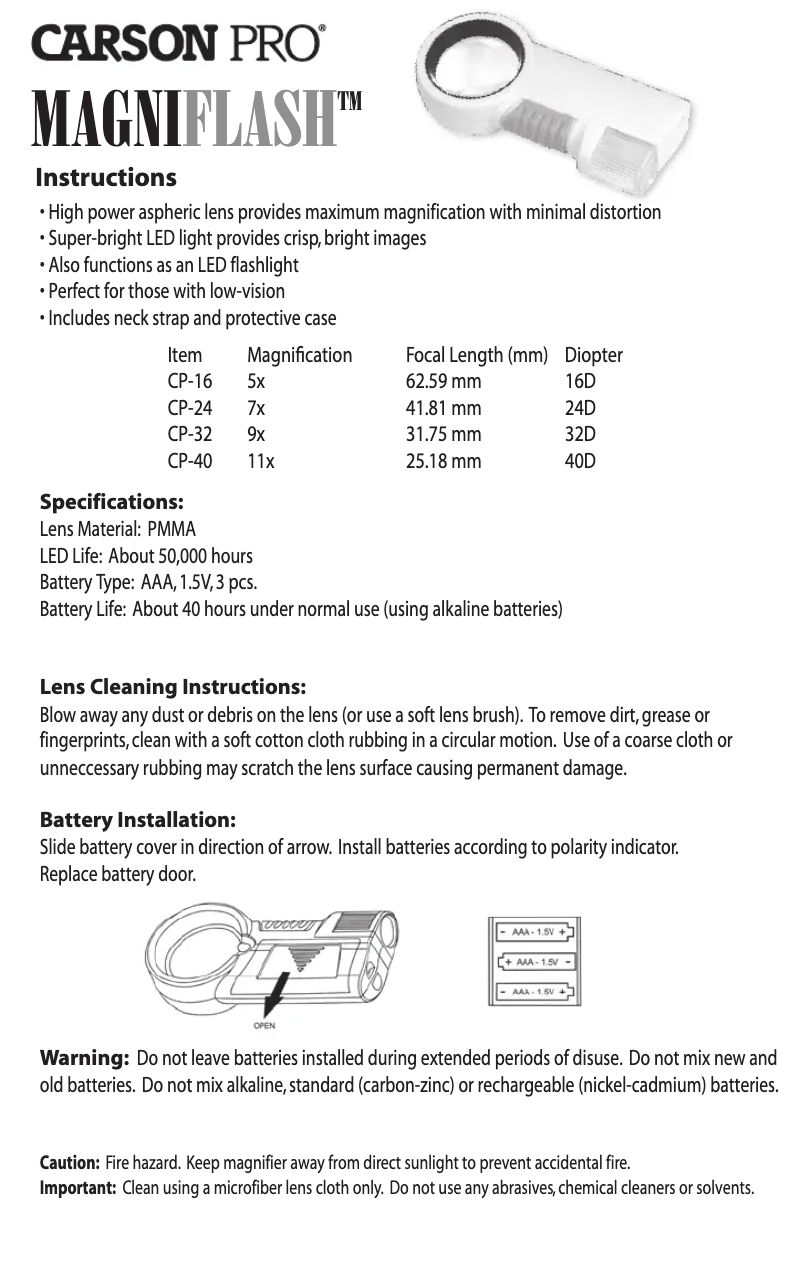 First page image of the manual for MagniFlash CP-40
