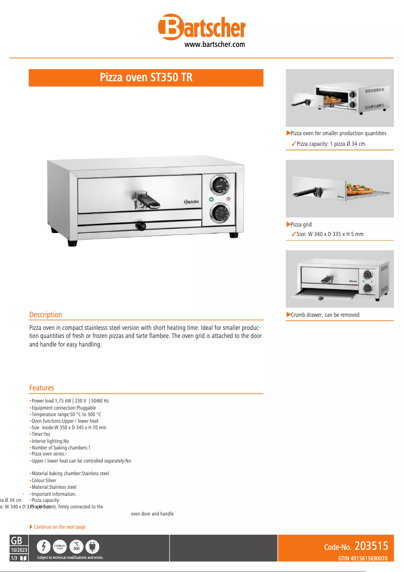 Page 1 of the manual Technical Sheet Bartscher ST350 TR
