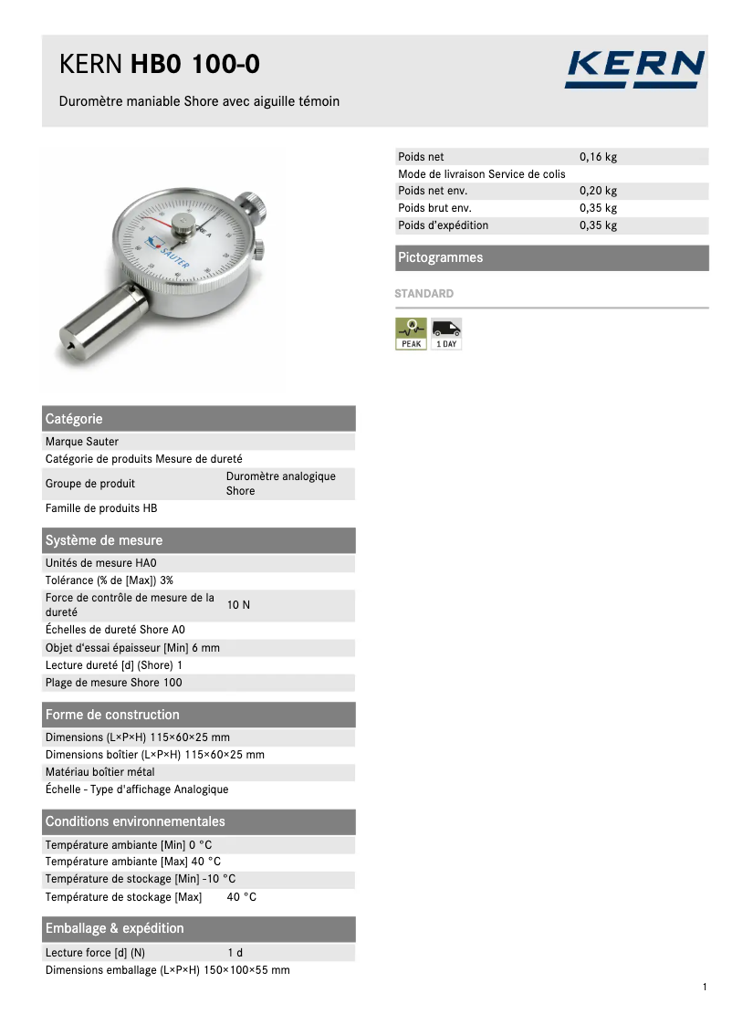 Page 1 of the manual Technical Sheet Kern HB0 100-0