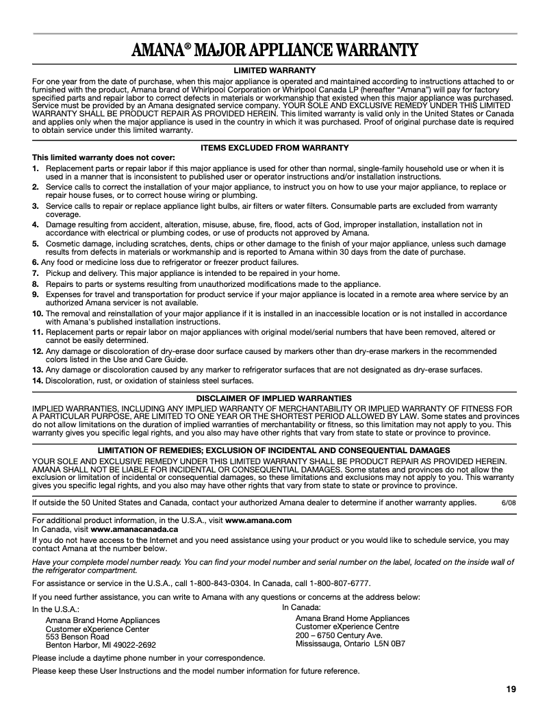 Page 1 of the manual Warranty Information Amana ABB1924BRB