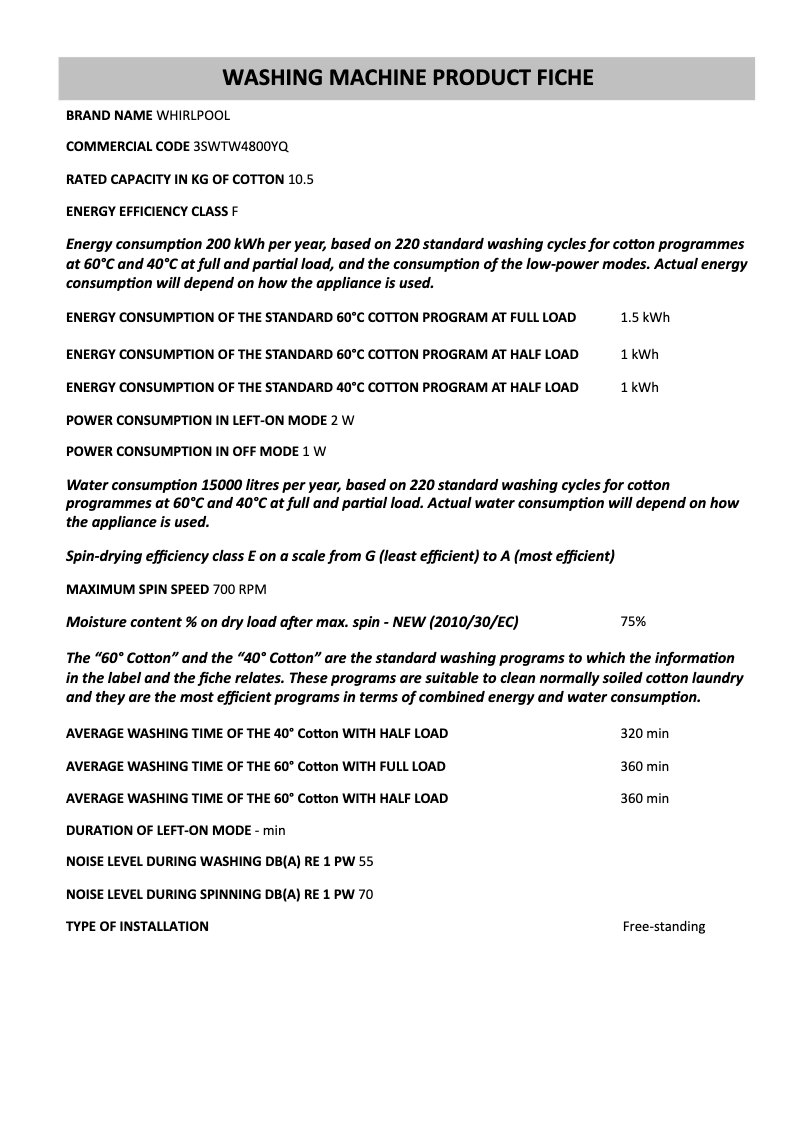 Page 1 of the manual Technical Sheet Whirlpool 3SWTW4800YQ