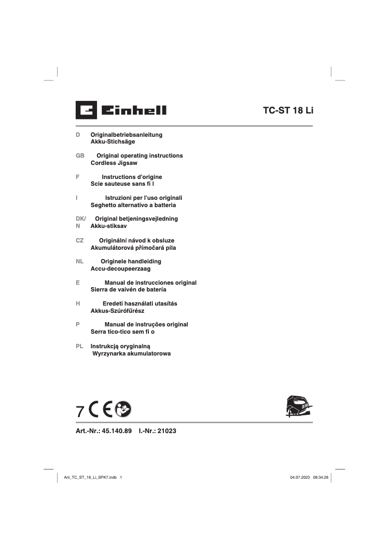 Page 1 of the manual User Manual Einhell TC-ST 18 Li