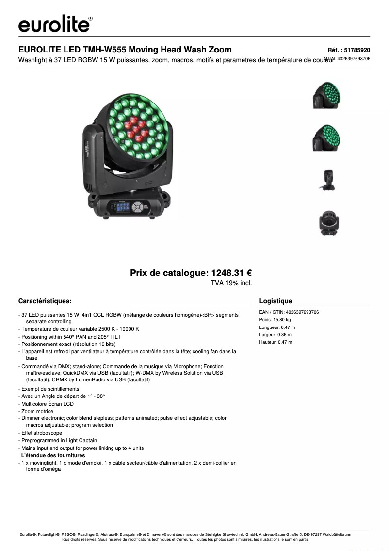 Page 1 of the manual Technical Sheet Eurolite LED TMH-W555