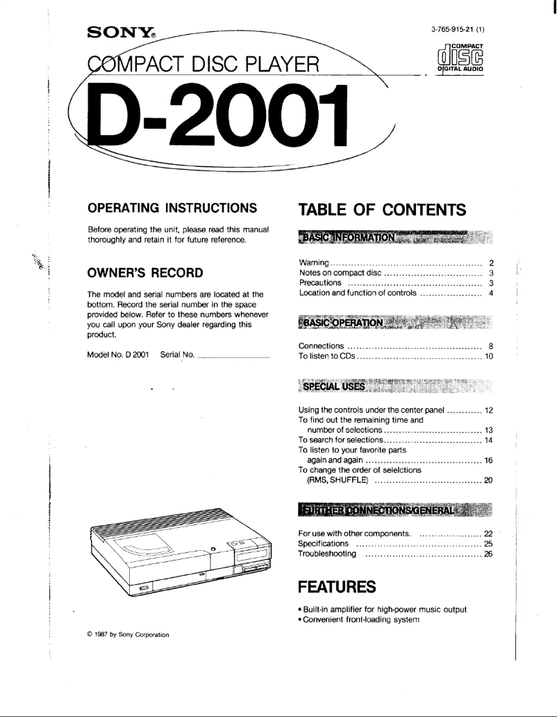 First page image of the manual for Discman D-2001