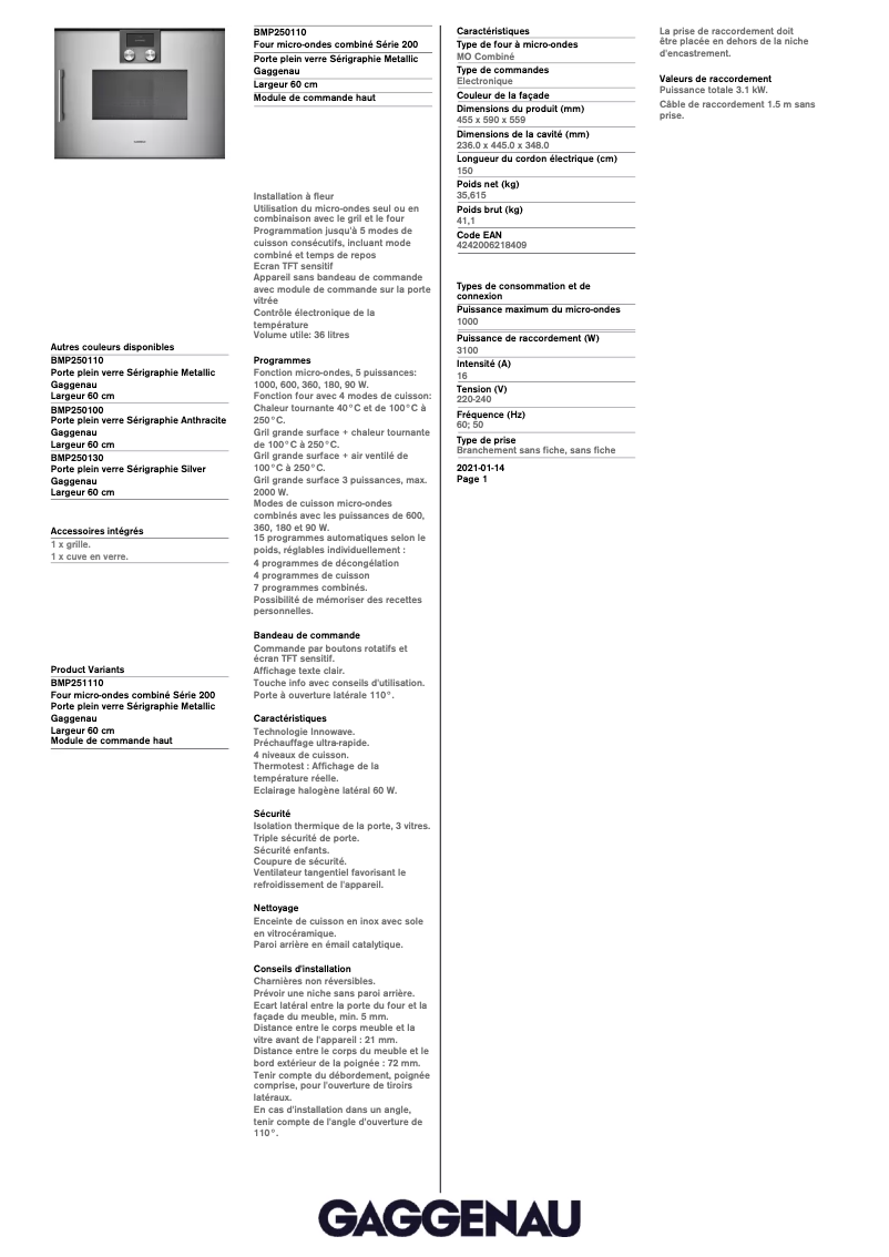 Page 1 of the manual Technical Sheet Gaggenau BMP250110