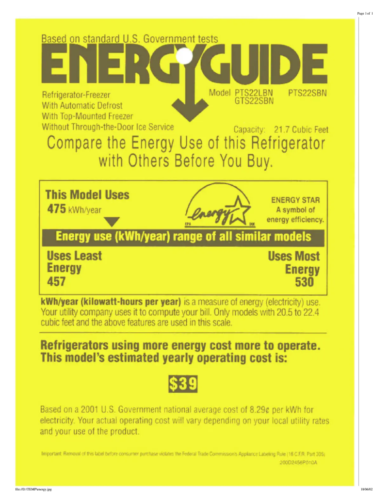 Page 1 of the manual Energy Label GE PTS22LBNWW