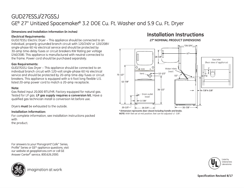 Page 1 of the manual Technical Sheet GE Spacemaker GUD27GSSJWW