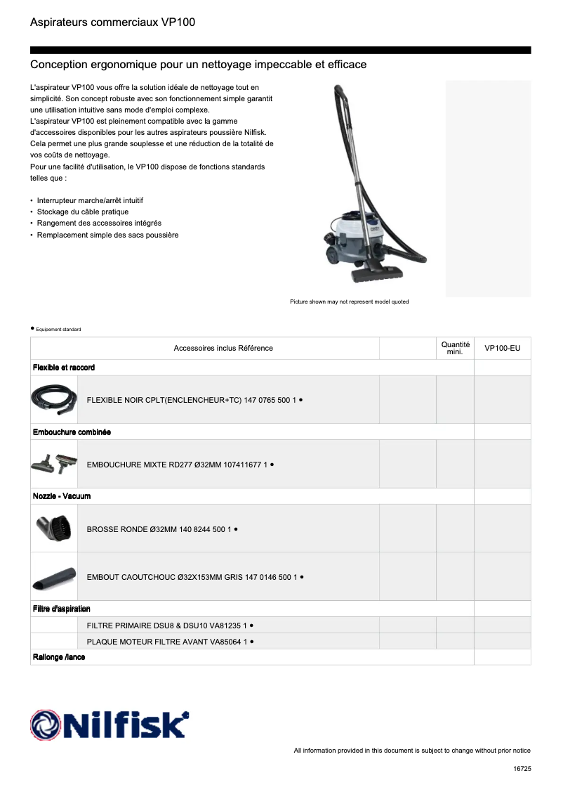Page 1 of the manual Technical Sheet Nilfisk VP100