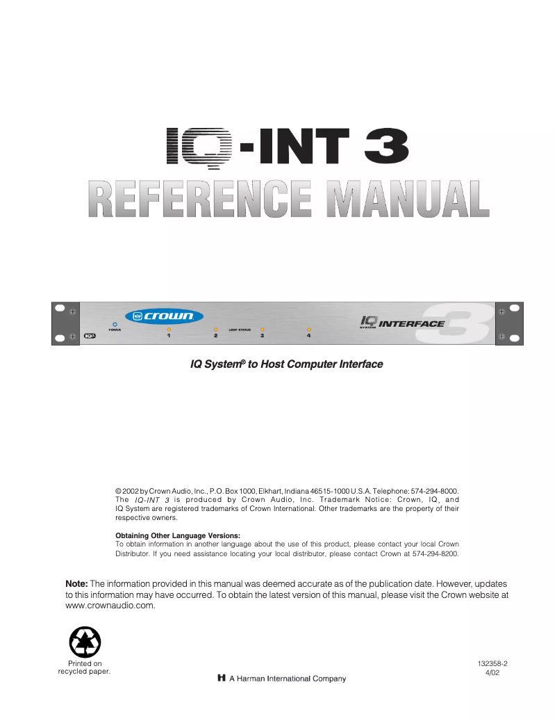 First page image of the manual for IQ-INT3