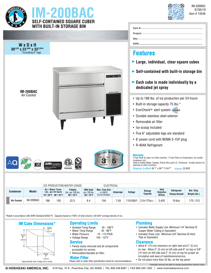 Page 1 of the manual Technical Sheet Hoshizaki IM-200BAA