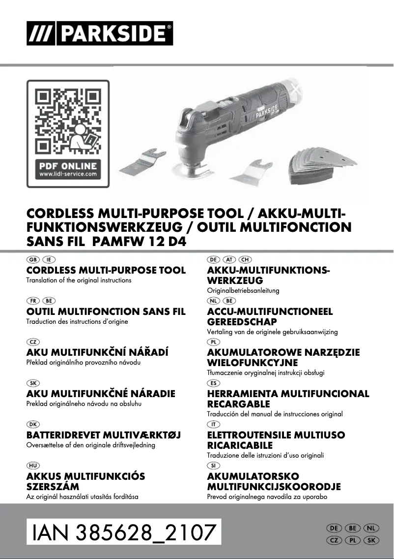 Page 1 of the manual User Manual Parkside PAMFW 20-Li A1
