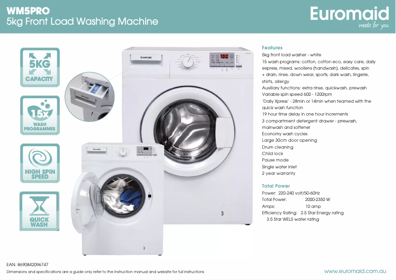 Page 1 of the manual Technical Sheet Euromaid WM5PRO